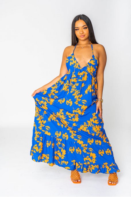 Langes Kleid mit blauem Blattmuster