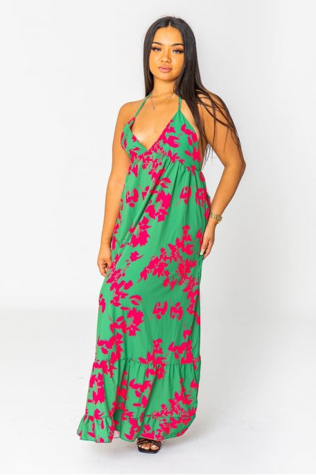 Long dress with green leaf pattern