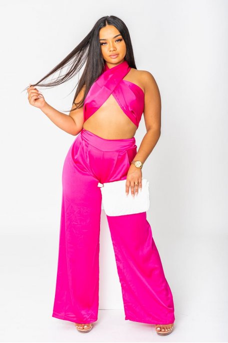 Fuchsia satin pants bandeau set