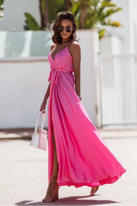 Pink strapless satin maxi dress with slit