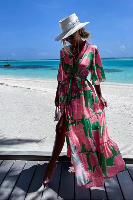 Robe chemise longue motif fleuri fluide vert