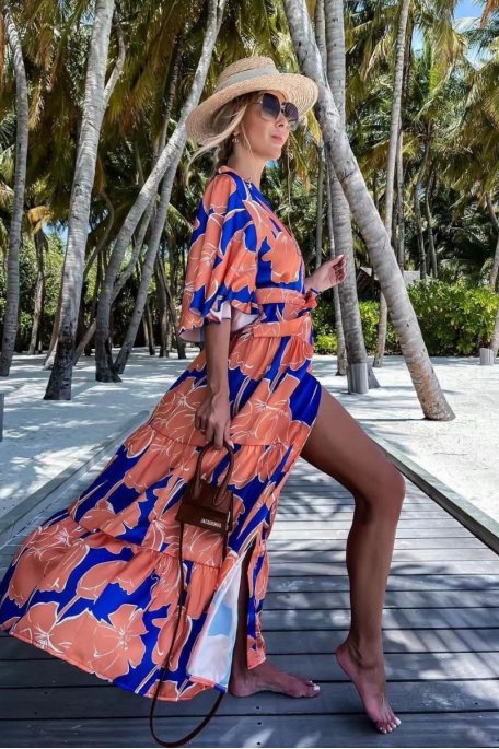 Robe chemise longue motif fleuri fluide bleu