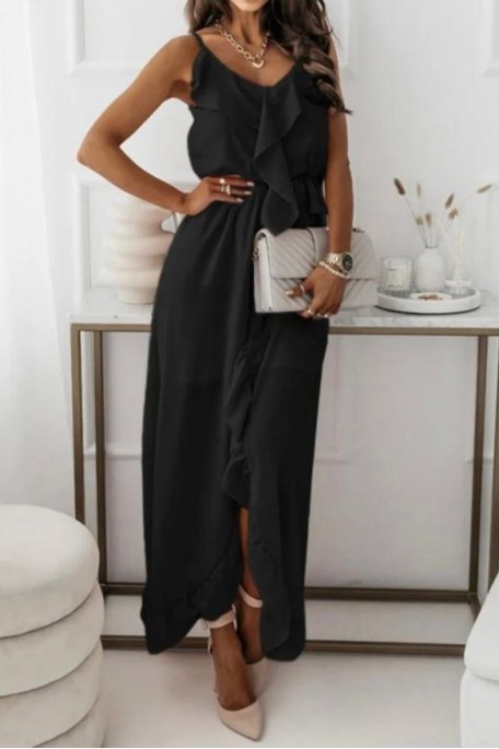 Long dress with ruffles and slit straps black
