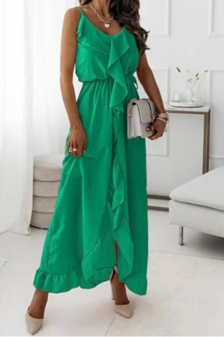 Robe longue volants fendue à bretelles vert