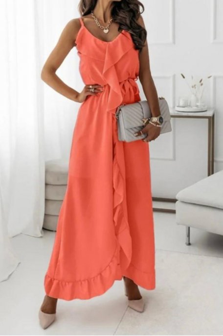 Robe longue volants fendue à bretelles orange fluo