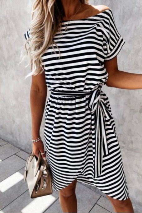 Black belted striped dress