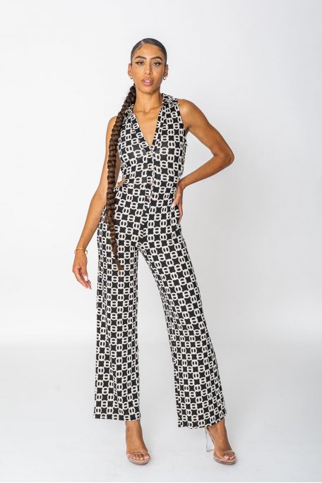 Ärmelloser Jumpsuit mit Kettenmuster schwarz