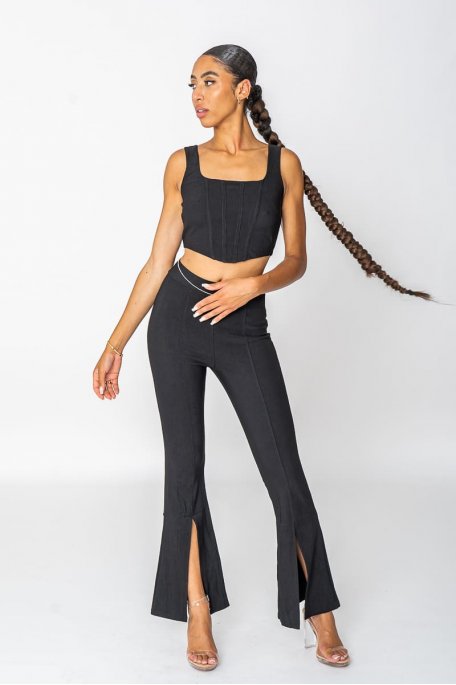 Black crop top slit pants set