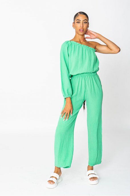 Green asymmetrical cotton gauze jumpsuit