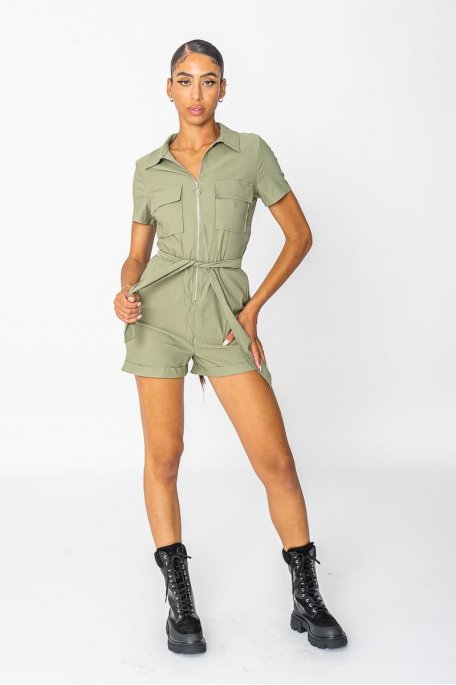 Green utility style zippered jumpsuit