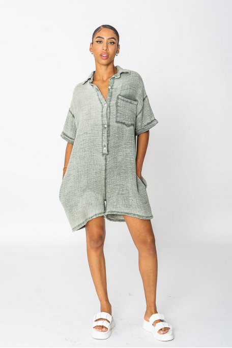Combishort ample gaze de coton kaki