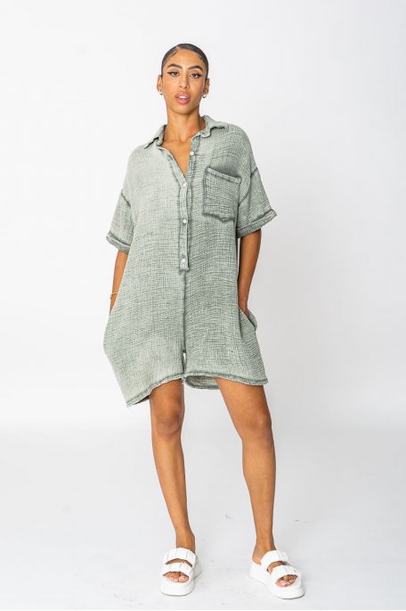 Loose-fitting khaki cotton gauze jumpsuit