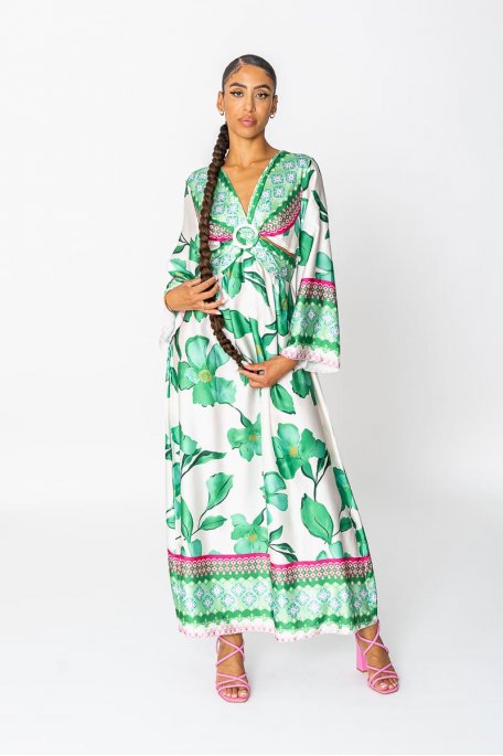 Langes Kleid im Kimonostil mit Blumen und Lochmuster grün