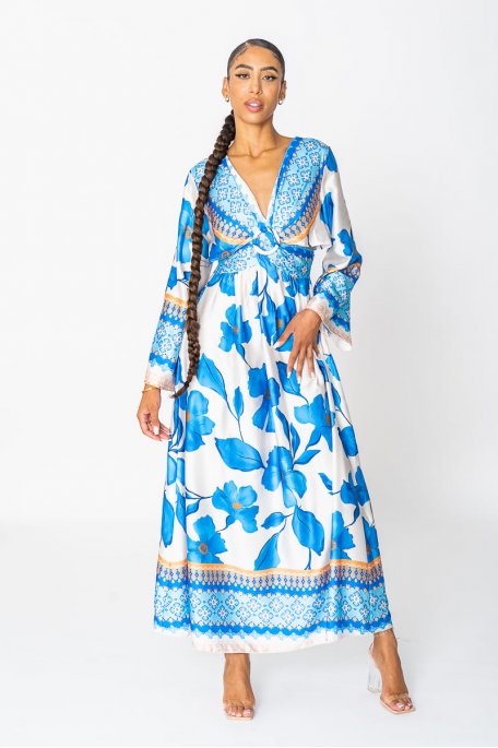 Langes Kleid im Kimonostil mit Blumenmuster und Lochmuster blau