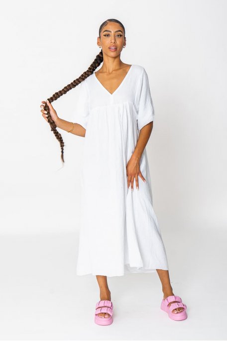 Kleid mit kurzen Ärmeln lang Gaze aus Baumwolle weiß