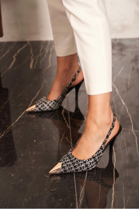 Tweed pointed heel sandals in black