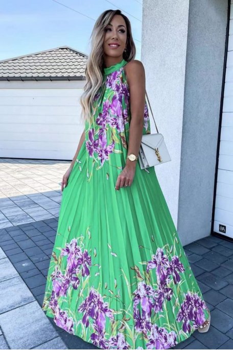 Green floral satin pleated sleeveless long dress