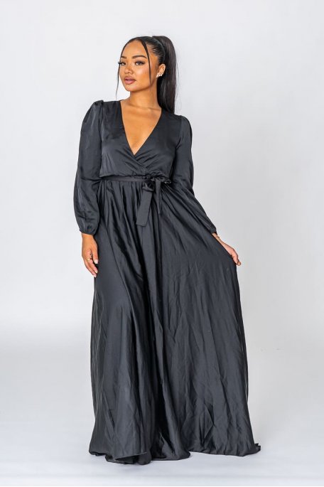 Belted maxi slit dress in black