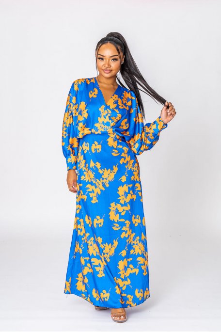 Satine geblümtes Wickel Maxi-kleid in Blau