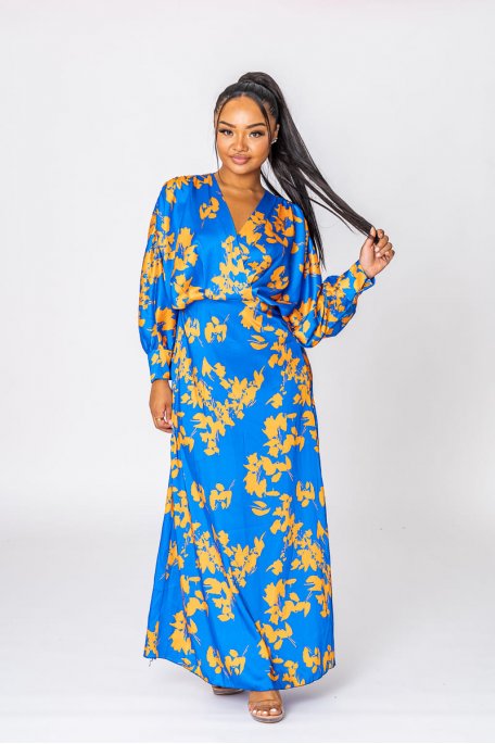 Satiny floral maxi wrap dress in blue