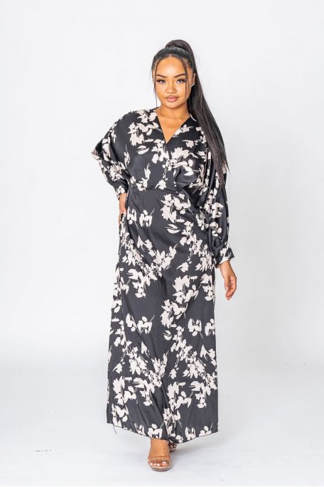 Robe longue satinée cache-cœur florale noir