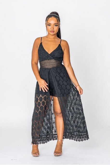 Black embroidery and straps veiled jumpsuit