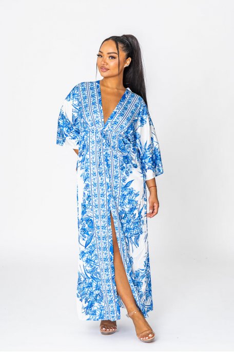 Robe col V ample style kimono bleu
