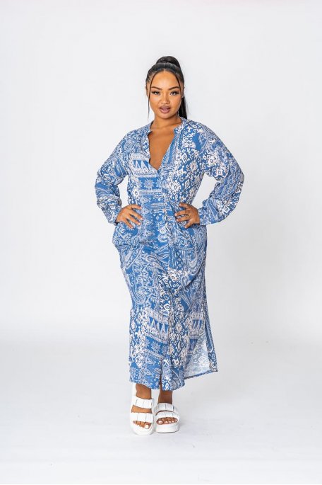 Robe chemise longue à motif cachemire bleu