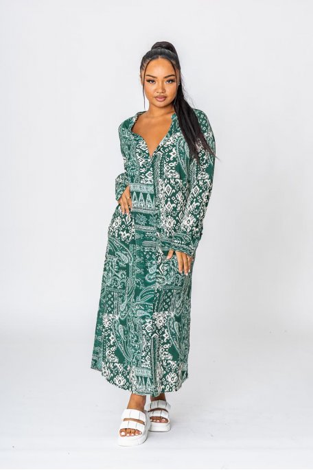 Long shirt dress with green pattern