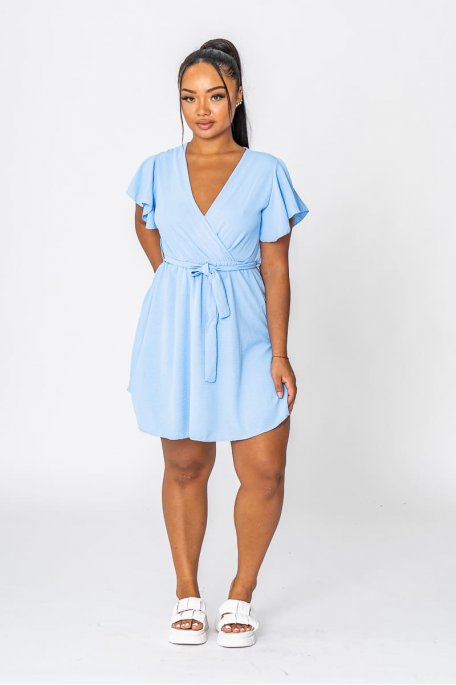 Robe courte volants à nouer col cache-cœur bleu