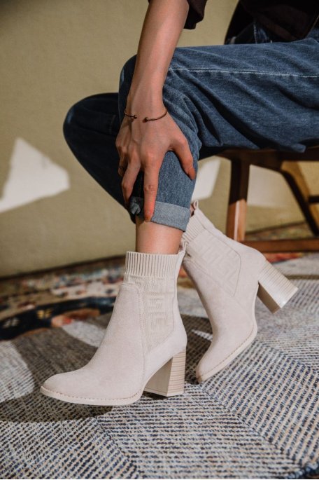 Beige sock heel boots