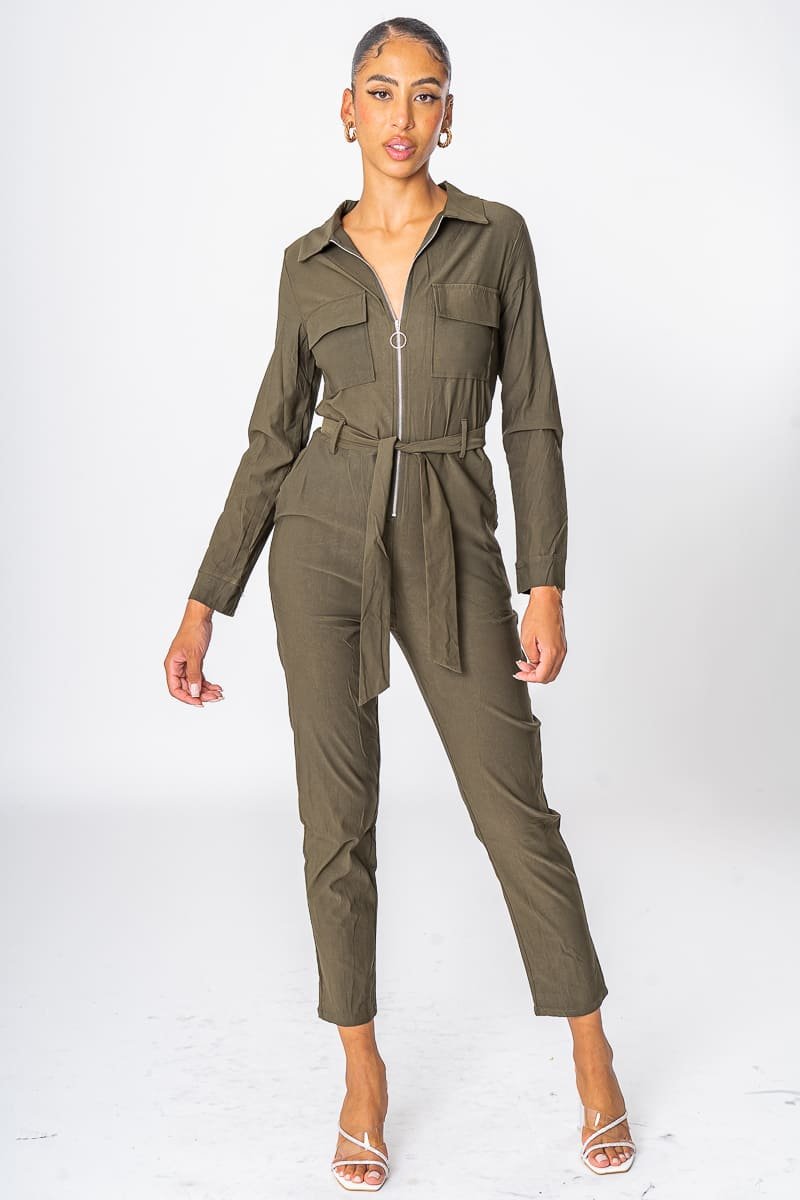 Combinaison kaki stretch à ceinturer Cinelle Paris, mode femme tendance