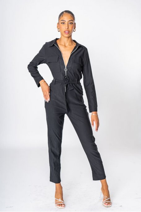 Belted stretch jumpsuit with black zip