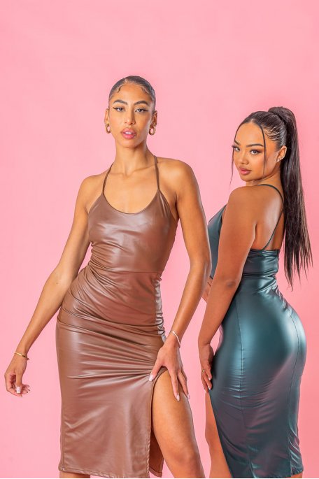 Brown faux split dress with straps