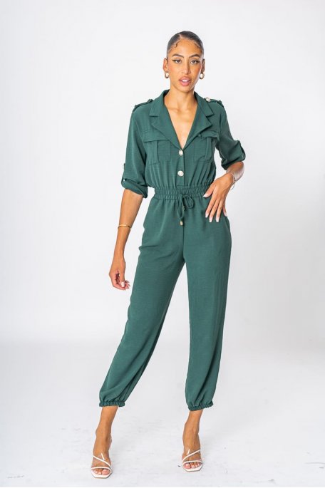 Fluid buttoned jumpsuit with green pockets
