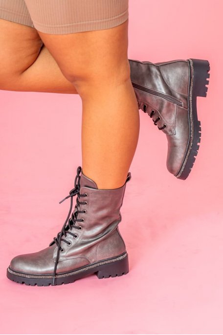 Lace-up ankle boots with grey rhinestone details