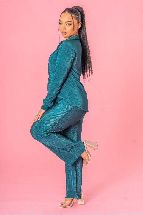 Green pleated blouse and pants set