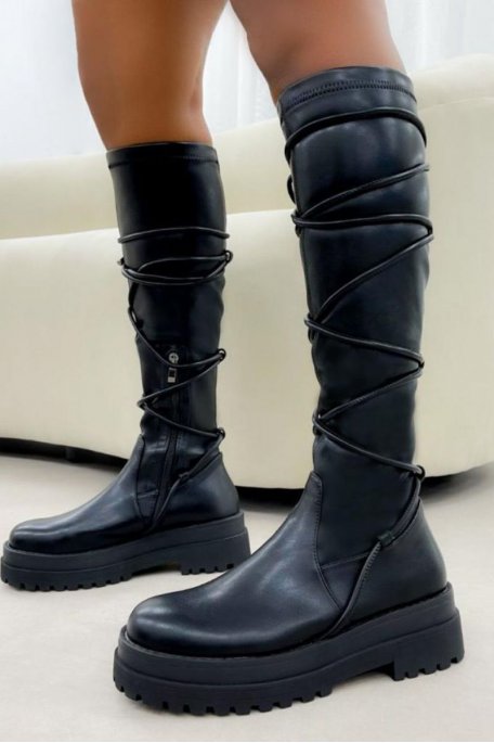 Bottes à lanières chunky simili noir