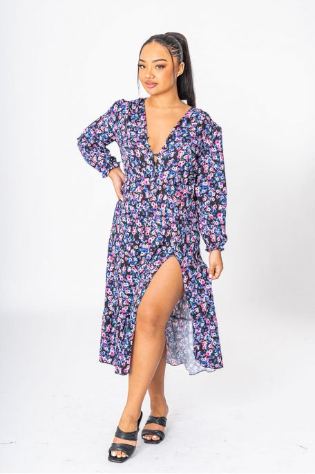 Kleid mit Blumenmuster geschlitzt langarm blau
