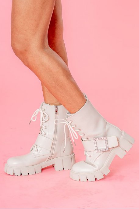Bottines à lacets lanière strass beige