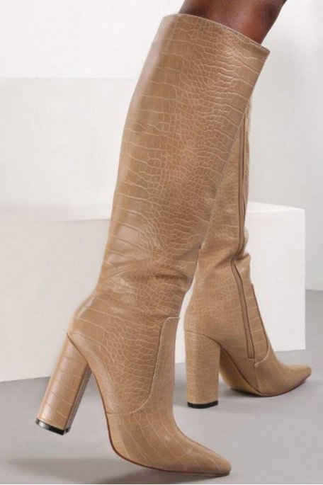 Crackle effect beige heels boots