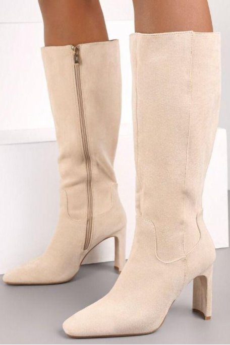Beige suede rectangle heels boots