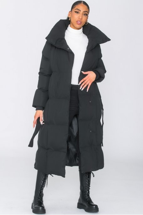 Lange, gesteppte Oversize-Daunenjacke mit Gürtel schwarz