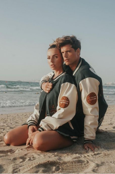 Green bi-material varsity jacket