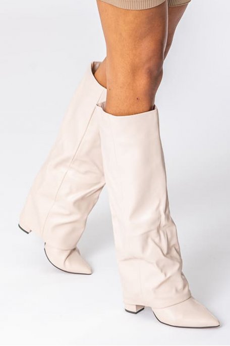 Heeled boots with beige faux leather cuff