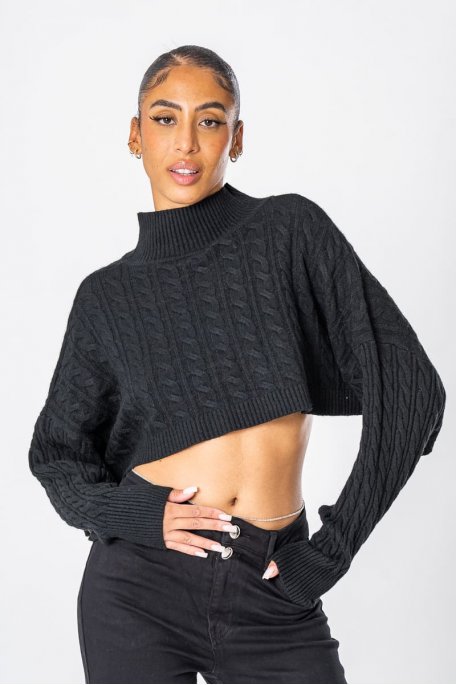 Kurzer Pullover mit Stehkragen aus schwarzem Twist-Strick