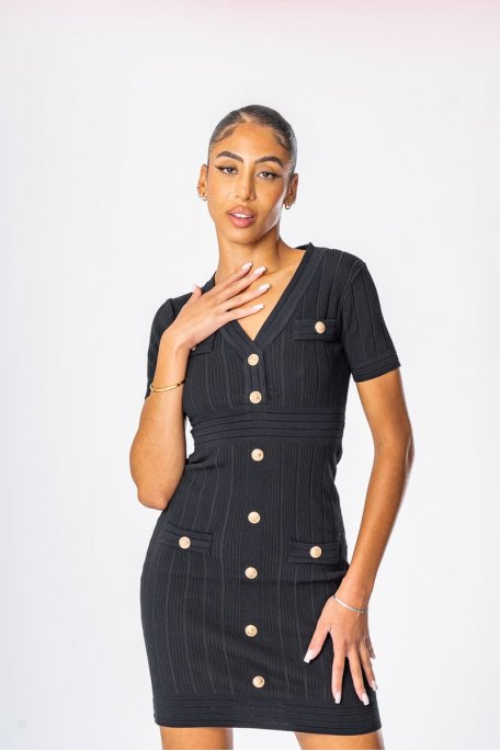 Kleid mit Knöpfen Offizier Kurzarm schwarz