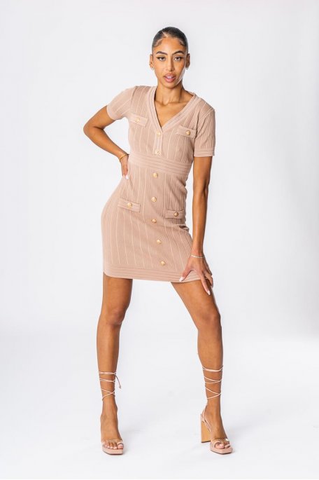 Kleid mit kurzen Ärmeln und Knöpfen beige