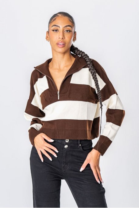 Brown oversized striped sweater with trucker collar