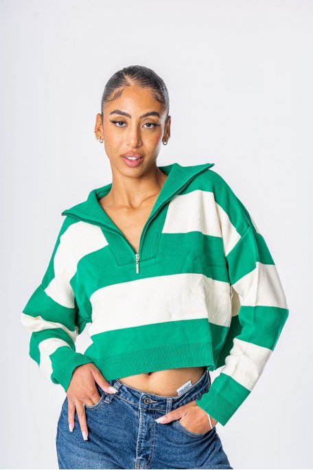 Oversized striped sweater with green trucker neck